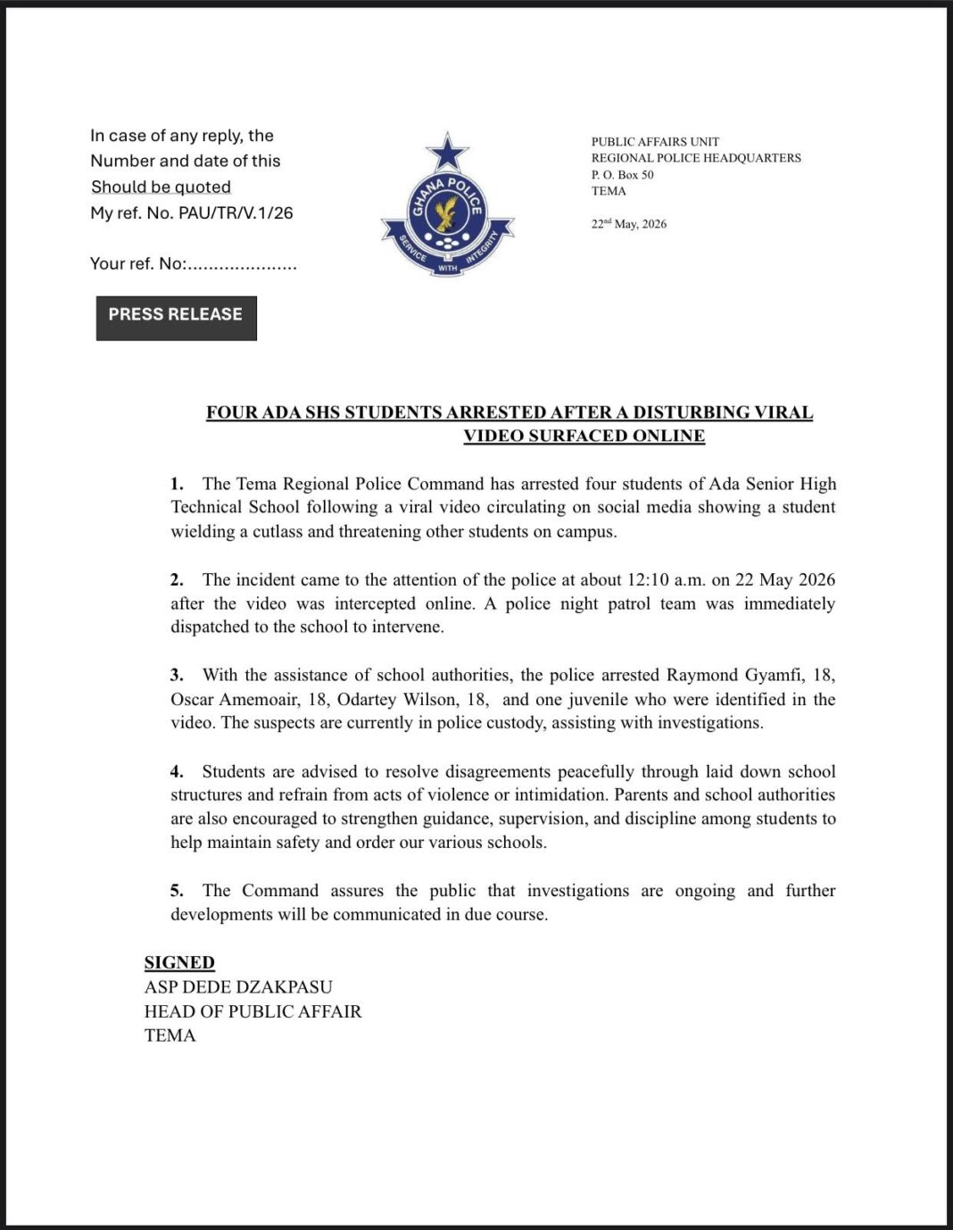 Ghana Police press release document with crest, dated 22 May 2026, announcing four Ada SHS students arrested over a disturbing viral video surfaced online.