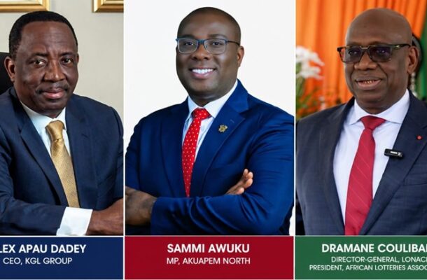 Three professional headshots: left—Alex Apau Dadey, CEO of KGL Group; center—Sammi Awuku, MP for Akuapem North; right—Dramane Coulibaly, Director-General of LONACI and President of the African Lotteries Association.