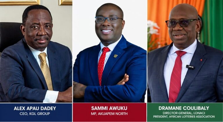 Three professional headshots: left—Alex Apau Dadey, CEO of KGL Group; center—Sammi Awuku, MP for Akuapem North; right—Dramane Coulibaly, Director-General of LONACI and President of the African Lotteries Association.