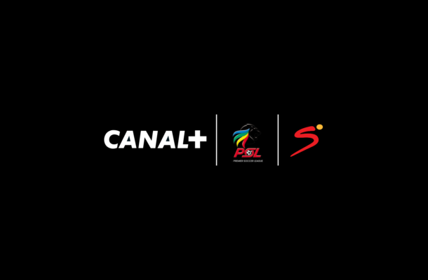 Three logos in a row on a black background: Canal+, Premier Soccer League, and a red curved S logo with white dividers between them.