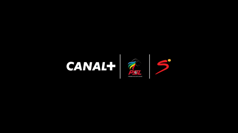 Three logos in a row on a black background: Canal+, Premier Soccer League, and a red curved S logo with white dividers between them.