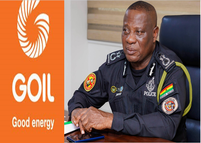 GOIL logo with the slogan 'Good energy' beside a police officer in uniform seated at a desk.