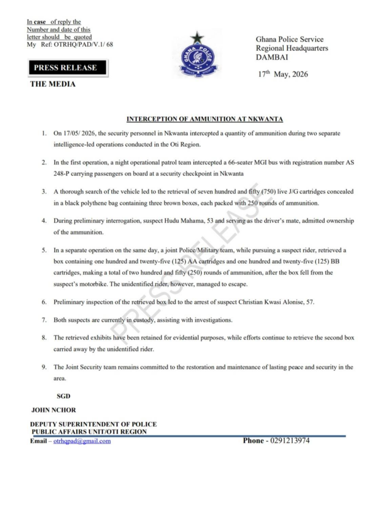 Ghana Police Service press release dated May 17, 2026, with police crest, a 'PRESS RELEASE' label, and a nine-item report on ammunition interception at Nkwanta.