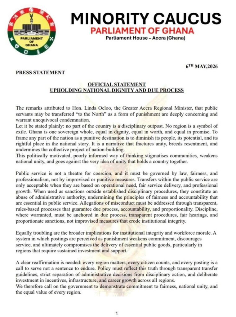 Press statement document from the Minority Caucus, Parliament of Ghana, with a seal on the left and bold title about upholding national dignity and due process.