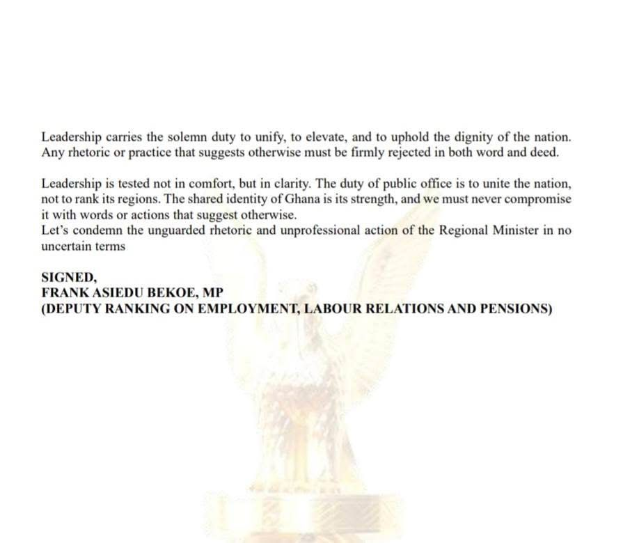 Formal written statement about leadership with a bold signature line and a faint emblem watermark in the background.