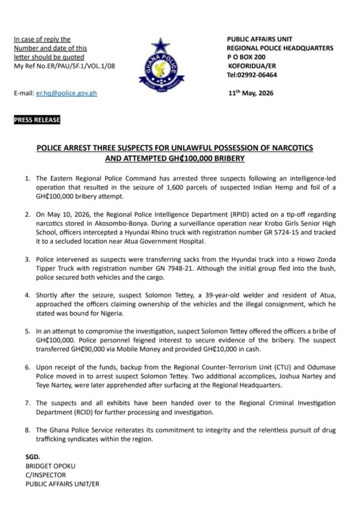 Ghana Police press release announcing the arrest of three suspects for narcotics possession and a GH₵100,000 bribe.