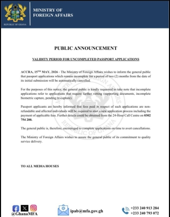 Public announcement from Ghana's Ministry of Foreign Affairs about passport applications, dated 11 May 2026, with contact details at the bottom.