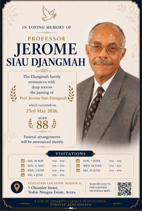 Memorial poster honoring Professor Jerome Siau Djangmah, age 88, with obituary details and visitation information in Accra.