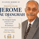 Memorial poster for Professor Jerome Siau Djangmah with his portrait and a notice of his death on 23 May 2016, aged 88, in a formal gray suit.