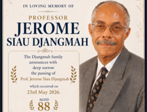 Memorial poster for Professor Jerome Siau Djangmah with his portrait and a notice of his death on 23 May 2016, aged 88, in a formal gray suit.