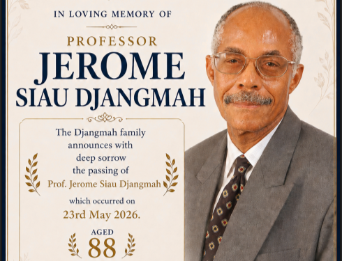 Memorial poster for Professor Jerome Siau Djangmah with his portrait and a notice of his death on 23 May 2016, aged 88, in a formal gray suit.