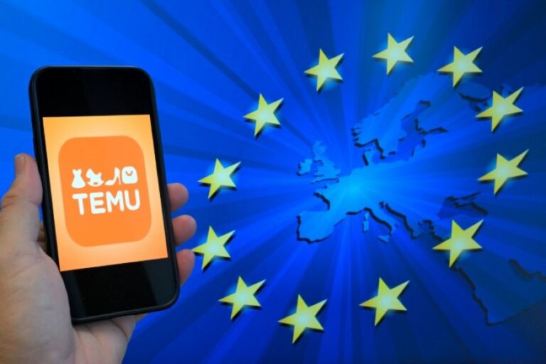 Hand holding a smartphone displaying the TEMU app logo against a blue background with EU stars and a Europe map motif