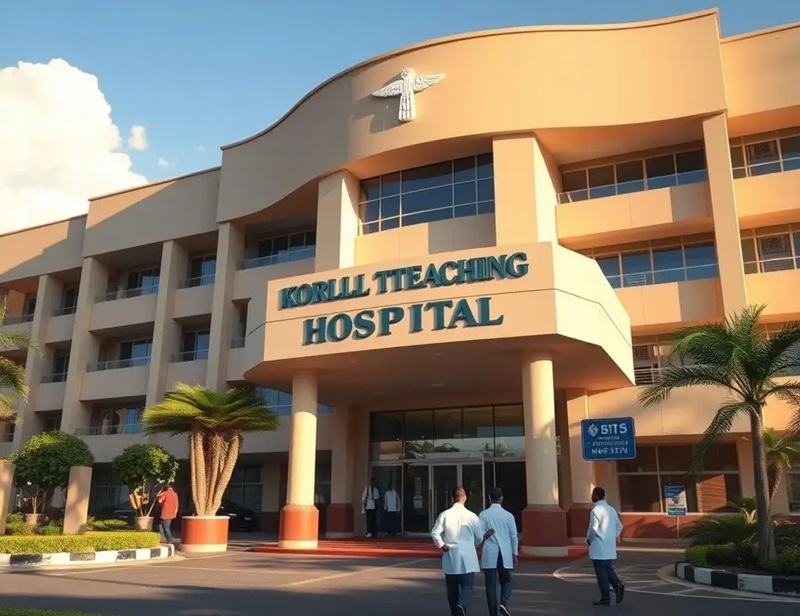 Exterior view of Korill Teaching Hospital entrance with its sign, peach-colored façade, and palm trees nearby.