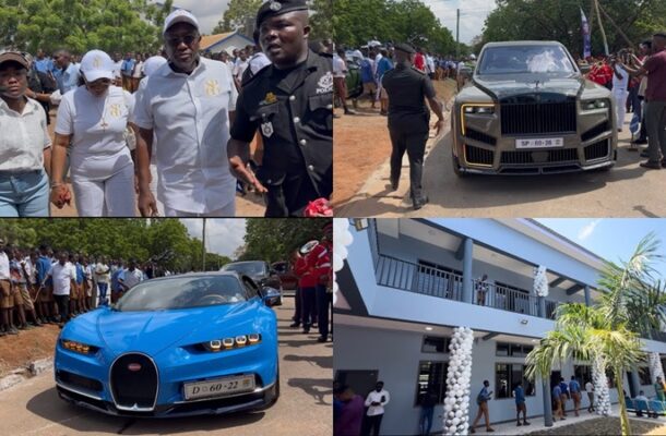 Collage from a public celebration: crowd gathered around a black SUV, a blue Bugatti-style sports car, and a decorated building with balloons.