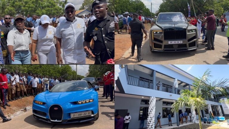 Collage from a public celebration: crowd gathered around a black SUV, a blue Bugatti-style sports car, and a decorated building with balloons.