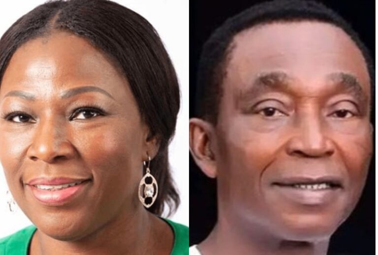 Two portraits side by side: smiling woman in a green top (left) and smiling man in a white shirt (right).