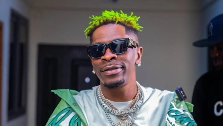 Man with neon green hair, dark sunglasses, and diamond chains posing in a doorway outside a building.