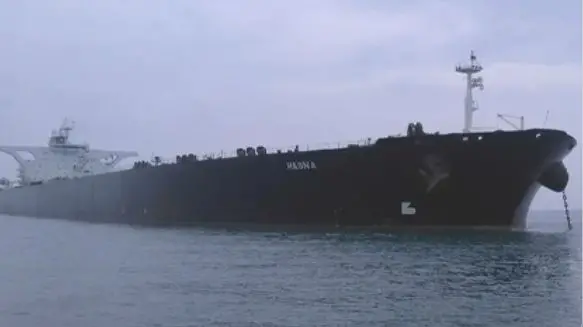 Large black cargo ship moored in calm water with an overcast sky and a second vessel visible in the background on the left.