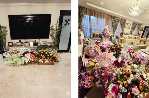 Two side-by-side photos: left shows a living room with a large wall-mounted TV and a low console topped with white and orange flowers; right shows a room filled with many colorful bouquets.