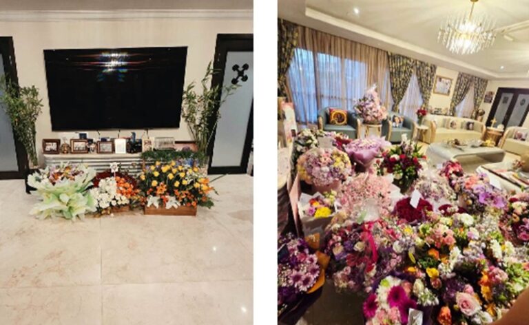 Two side-by-side photos: left shows a living room with a large wall-mounted TV and a low console topped with white and orange flowers; right shows a room filled with many colorful bouquets.