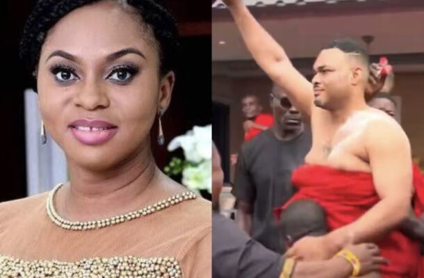 Akofena | Ghanaguardian.com Split image: left shows a woman in a peach dress and pearl necklace; right shows a shirtless man wrapped in red fabric, raising a fist at a celebration.