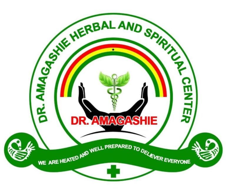 Logo for Dr. Amagashie Herbal and Spiritual Center featuring cupped black hands holding a green caduceus, a rainbow arc, and circular green branding with the name DR. AMAGASHIE and a green ribbon slogan across the bottom.