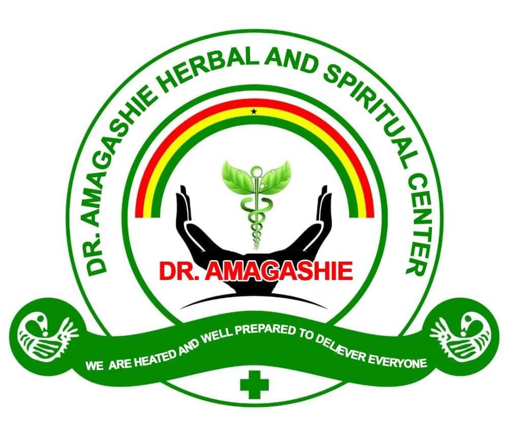 Logo for Dr. Amagashie Herbal and Spiritual Center featuring cupped black hands holding a green caduceus, a rainbow arc, and circular green branding with the name DR. AMAGASHIE and a green ribbon slogan across the bottom.