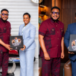 Two-panel photo: left shows a man in a maroon outfit and a woman in a light-blue suit presenting a boxed '3 Faces' item; right shows the same man with a man in a navy suit holding the box indoors.