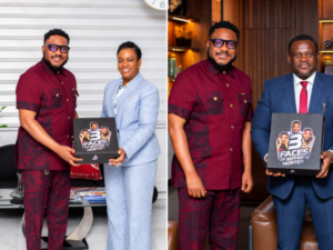 Two-panel photo: left shows a man in a maroon outfit and a woman in a light-blue suit presenting a boxed '3 Faces' item; right shows the same man with a man in a navy suit holding the box indoors.