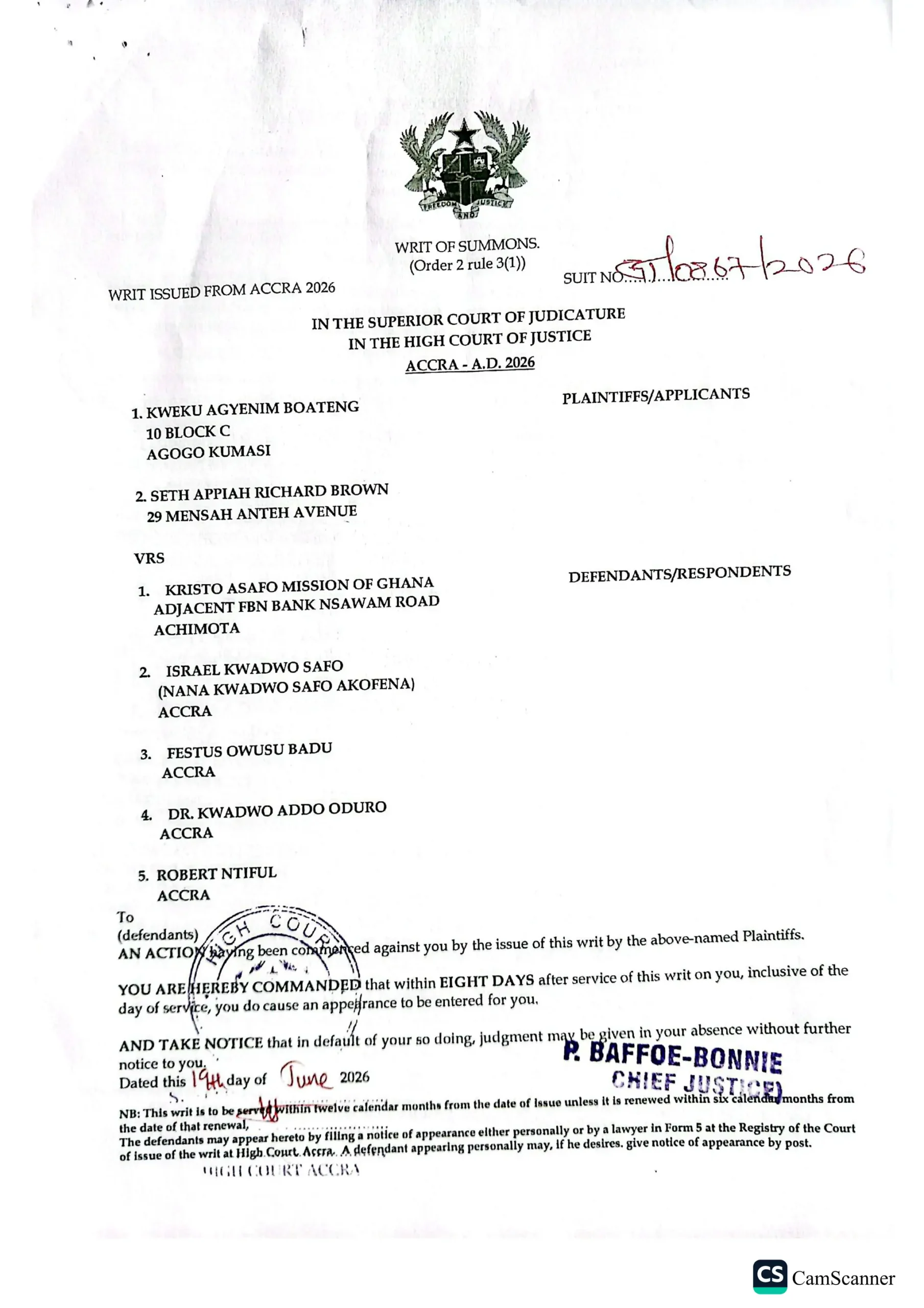Comprehensive-Overview-and-Features-of-CamScanner-Application-1-2048 | Ghanaguardian.com Official writ of summons from Accra 2026 with court seal and list of plaintiffs and defendants.