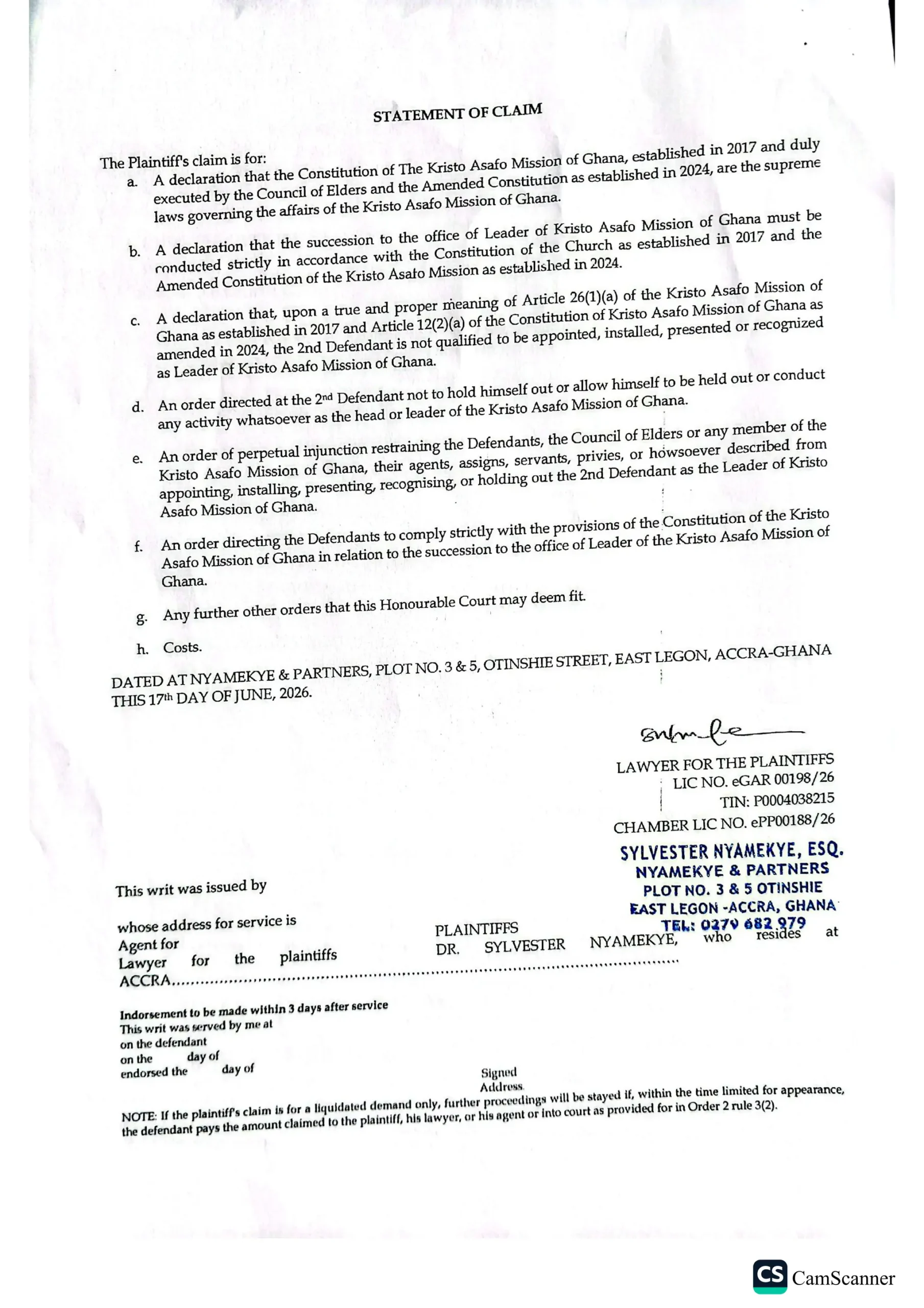 Comprehensive-Overview-and-Features-of-CamScanner-Application-2-2048 | Ghanaguardian.com Page titled 'STATEMENT OF CLAIM' listing sections a–h, with a signature area and a blue firm stamp at the bottom right.