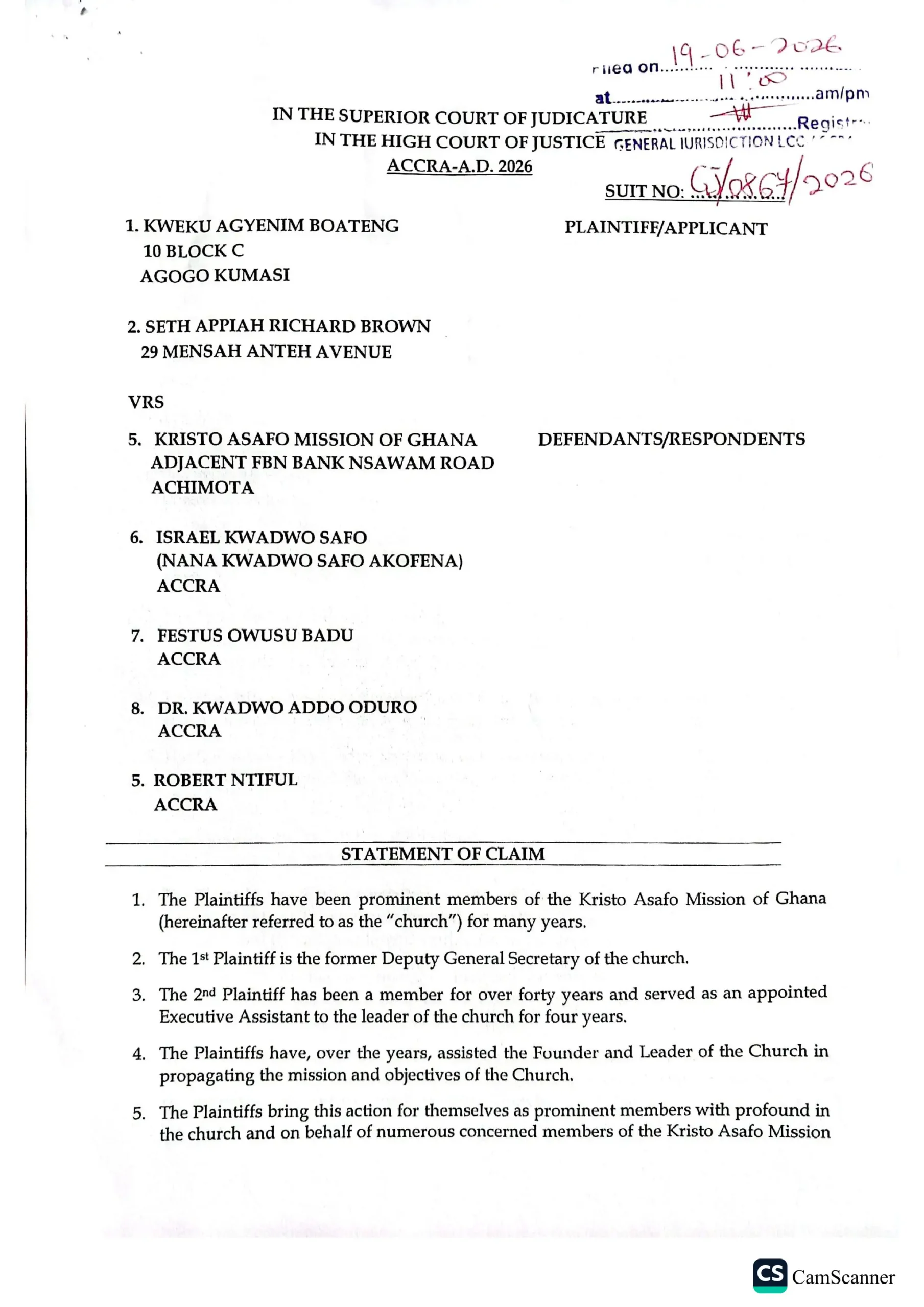 Comprehensive-Overview-and-Features-of-CamScanner-Application-3-2048 | Ghanaguardian.com Court document page showing parties and case title: IN THE SUPERIOR COURT OF JUDICATURE, ACCRA-A.D. 2026, with plaintiffs on left and defendants on right, followed by Statement of Claim section.
