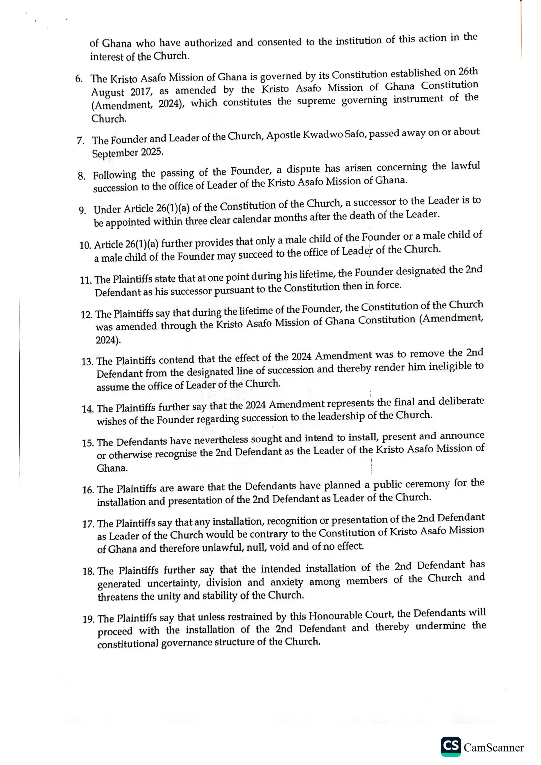 Comprehensive-Overview-and-Features-of-CamScanner-Application-4-2048 | Ghanaguardian.com Scanned document page showing numbered clauses 6–19 of a church governance/constitution, with provisions about leadership and succession.