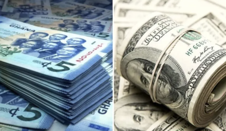 Stacks of Ghanaian cedi notes on the left and a roll of US dollar bills on the right, showing two currencies side by side.
