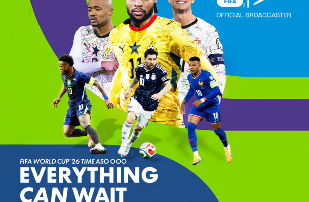 FWC_ROA_KV_GENERIC_GHANA_1x1_DStv 1 | Ghanaguardian.com Promotional poster for FIFA World Cup 26 with multiple soccer players and the slogan "EVERYTHING CAN WAIT" over blue curved shapes, DSTV logo visible.