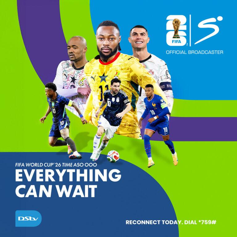 Promotional poster for FIFA World Cup 26 with multiple soccer players and the slogan "EVERYTHING CAN WAIT" over blue curved shapes, DSTV logo visible.