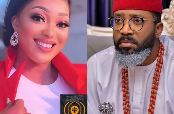 Smiling woman on the left wearing red clothing and statement earrings, split-screen with a bearded man wearing a red fez and glasses on the right.