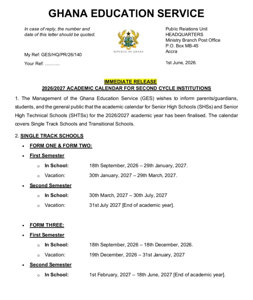 Official Ghana Education Service notice with crest, announcing the 2026/2027 academic calendar for second-cycle institutions (SHS and technical schools).