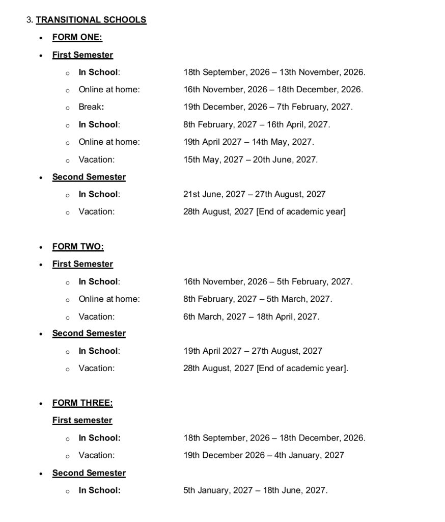 Page titled Transitional Schools showing form schedules for Form One and Form Two with In School, Online at home, Break, and Vacation dates across semesters.",