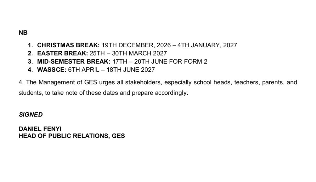 Memo listing school breaks and dates (NB) with signature: Daniel Fenyi, Head of Public Relations, GES.