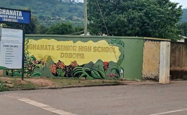 Ghanata-SHS-720x375 | Ghanaguardian.com Green wall mural at Ghanata Senior High School, Dodowa, with tropical plants and the school name; blue signboard with the same name stands to the left.
