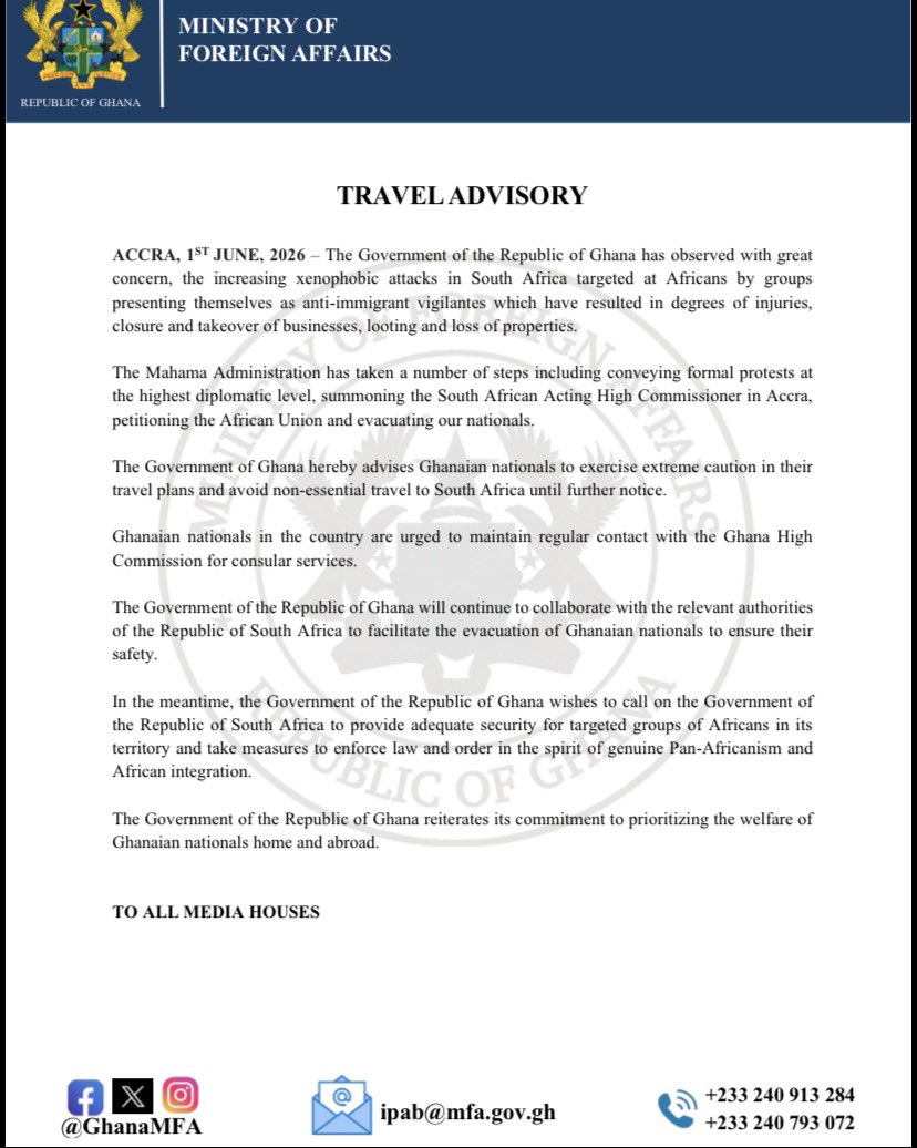Official Ghana travel advisory notice from the Ministry of Foreign Affairs, featuring the MFA seal and contact details at the bottom.