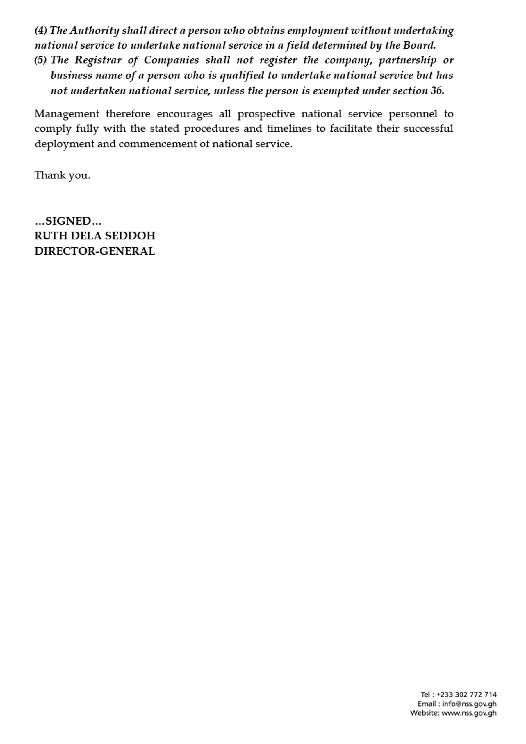HLbcl5iWcAAj3Lm | Ghanaguardian.com Official document page showing a concluding paragraph and a signature block reading 'SIGNED… RUTH DELA SEDDOH, DIRECTOR-GENERAL' with contact details in the bottom-right.