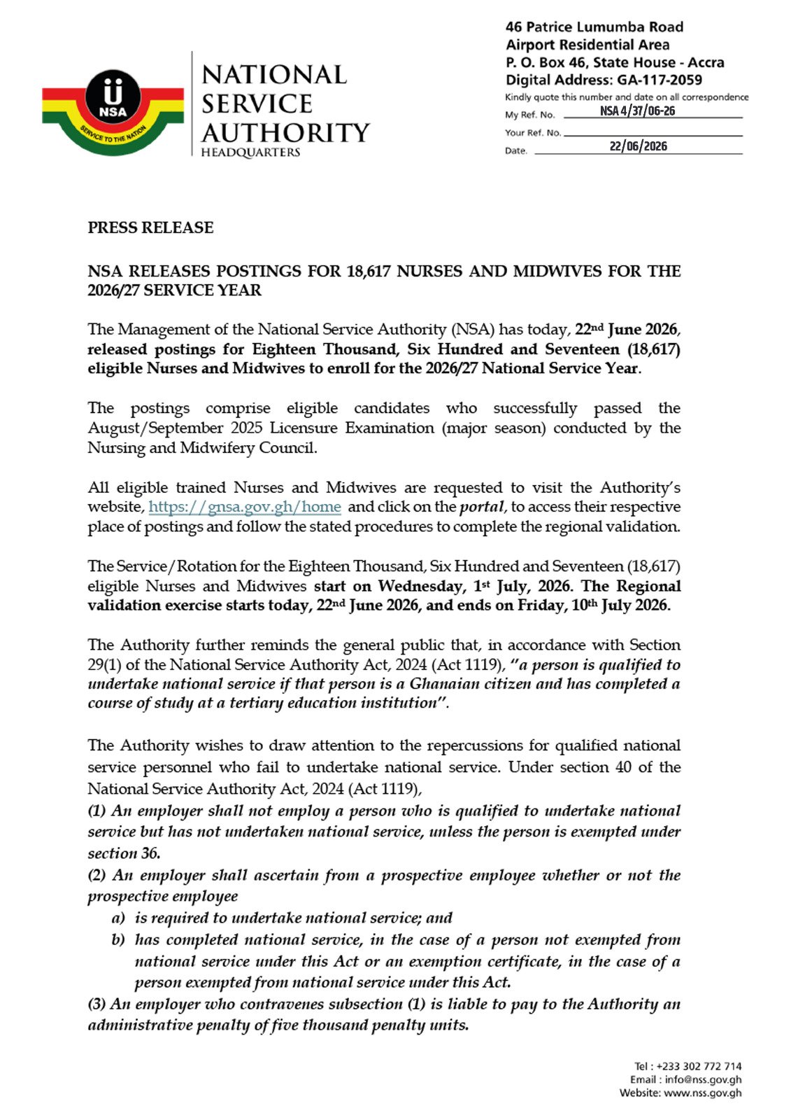 HLbclfXXoAEEGZM | Ghanaguardian.com NSA Ghana press release page with logo header and the title about postings for 18,617 nurses and midwives for 2026/27 service year.