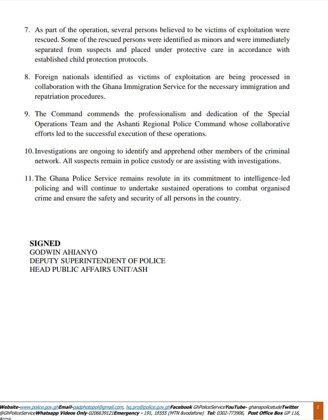 Page from a report listing items 7–11 about rescue operations, immigration processing, and police commitments, with a signature block at the bottom.