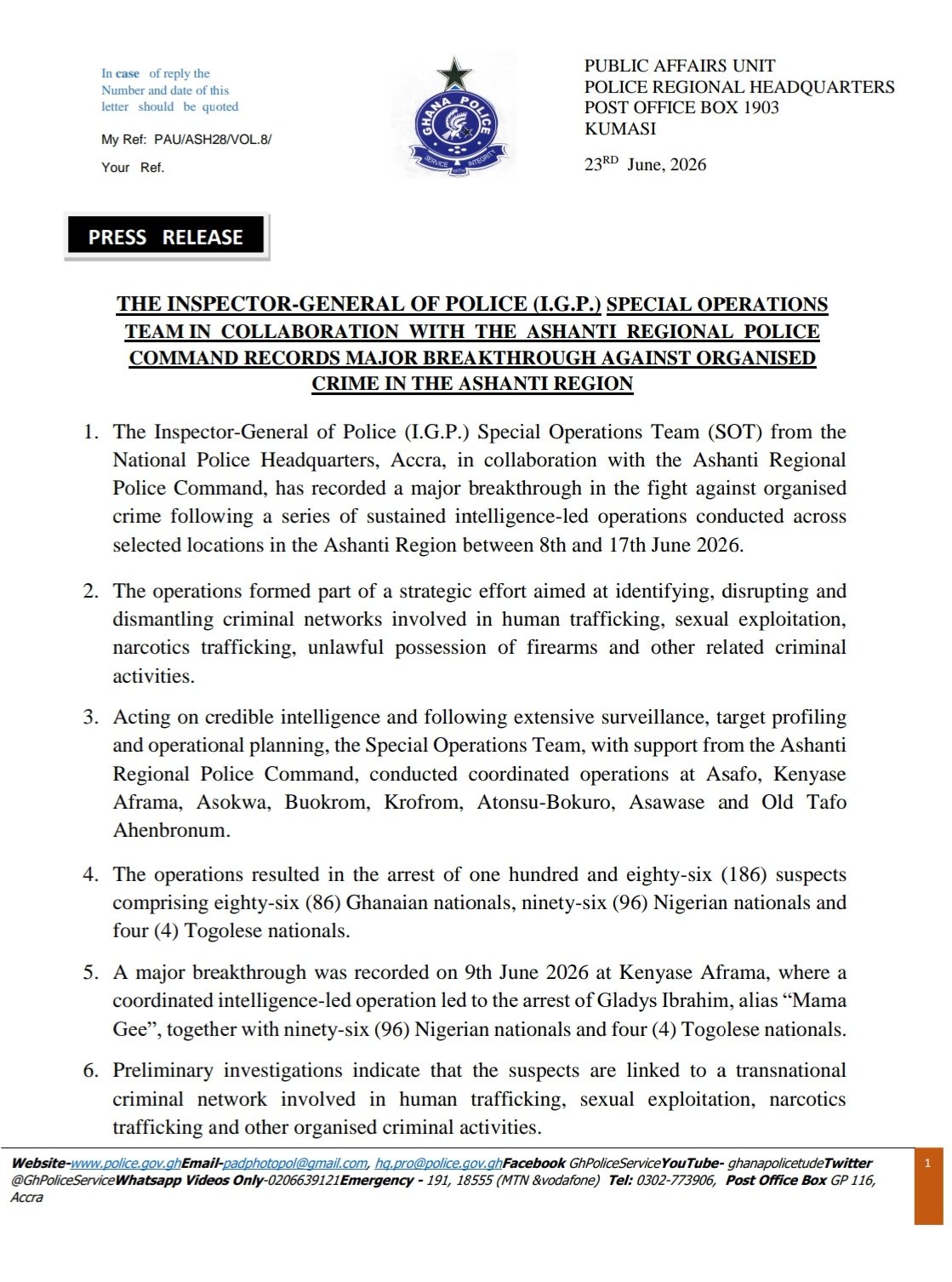 Press release cover from Ghana Police Public Affairs Unit, dated 23 June 2026, announcing a major breakthrough against organised crime in the Ashanti region.