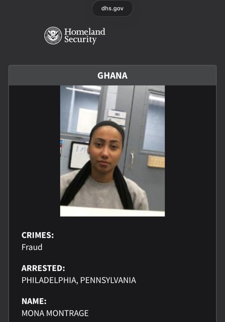Profile photo of a woman at a desk on a DHS Homeland Security page about Ghana crime cases, noting fraud I arrest details (public record).
