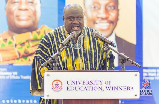IMG-20260602-WA0015 | Ghanaguardian.com Man in striped traditional attire giving a speech at a podium labeled 'University of Education, Winneba' with microphones in front of him.
