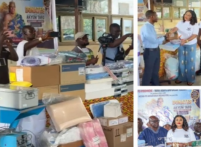 Group of donors at a donation drive with boxes, bags, and supplies stacked on a table; volunteers take photos and videos to document the event.