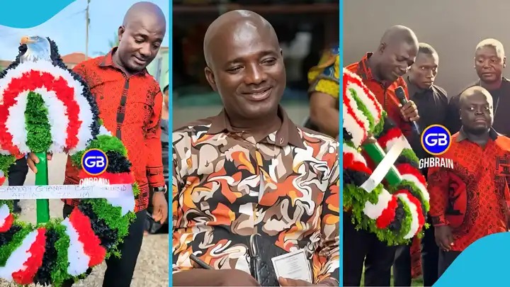 Three-panel collage: left shows a man in a red shirt standing beside a large red‑green‑white wreath with a GB logo; center features a smiling bald man in a colorful abstract shirt; right shows the same man with others and another wreath.